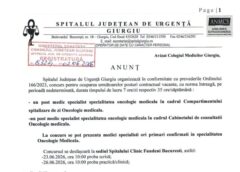 Spitalul Județean De Urgență Giurgiu Anunță Concurs Pentru Postul De Medic Specialist Oncologie